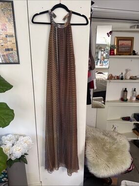 Bar III Brown Chevron-Textured Halter Maxi Dress
